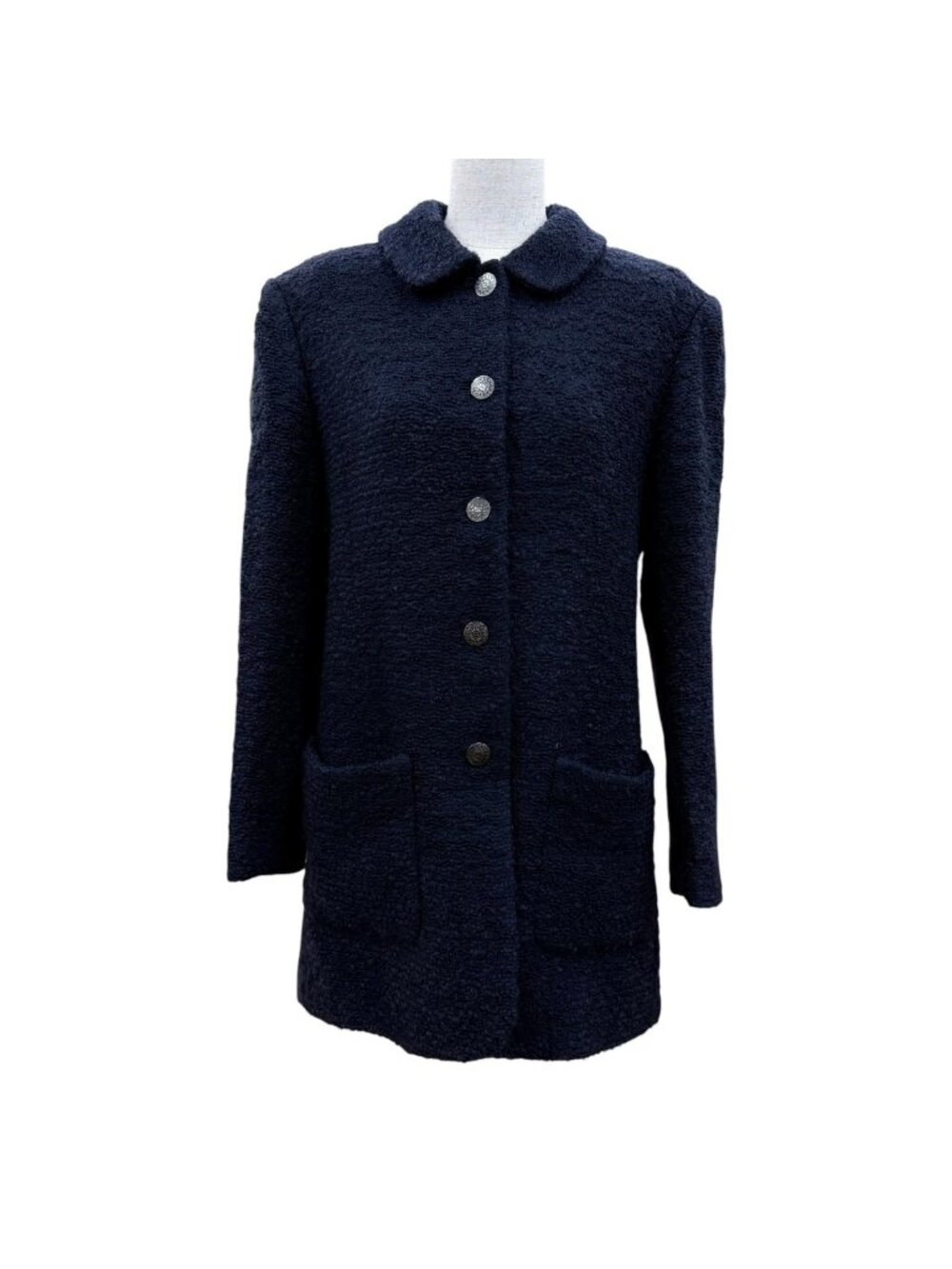 Chanel 97A Wool Mohair CC Logo Button Tweed Coat Navy 38